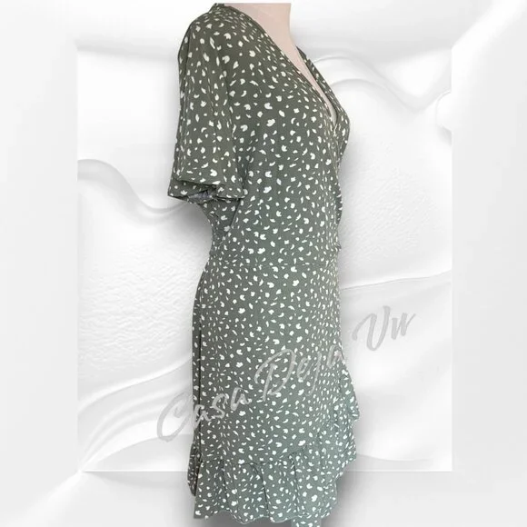 Ready for Spring Light Airy V Neck Wrap Midi Patterned Sage Ruffle Drop Dress - Picture 7 of 13